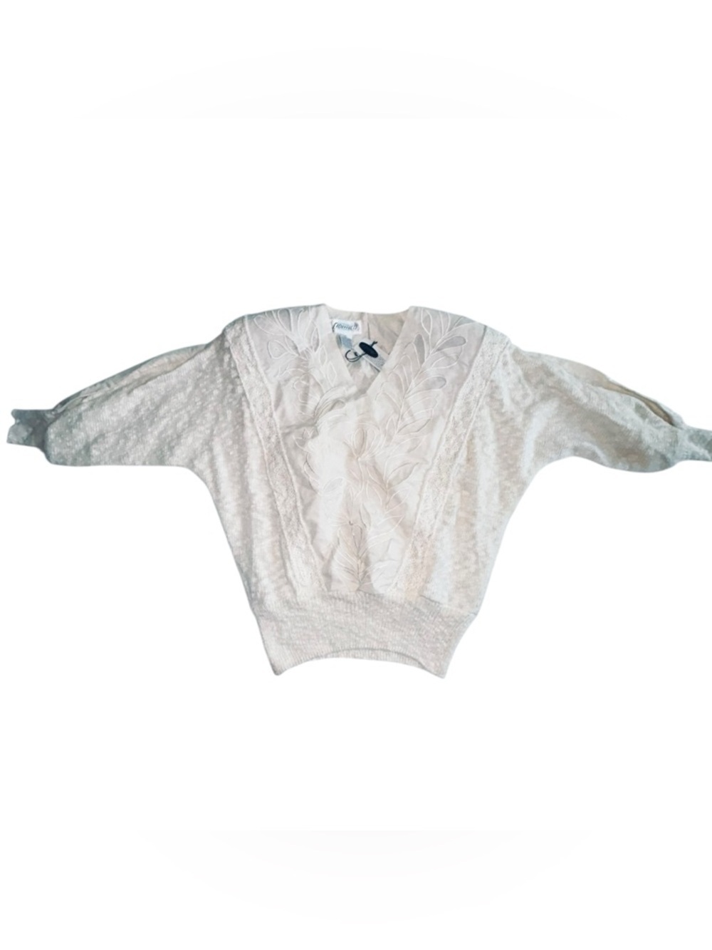 Embroidered V‑Neck Cream Knit Women's Sweater blouse mixed textures
80’s vibes